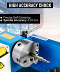 High accuracy chuck on Badass Seven By Fourteen Inch Bench Top Metal Lathe With Zero To Two Thousand Five Hundred Variable Speed Revolutions Per Minute.