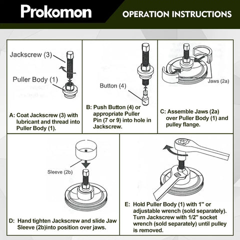 Instruction diagram for Pro Grade Power Steering Pulley Puller And Installer Kit For Water Pumps And Vacuum Pulleys Remove And Install