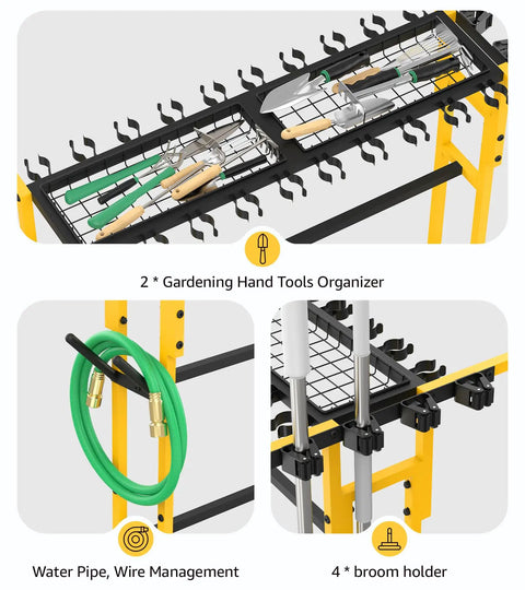 Mobile Garage Tool Organizer Cart On Wheels For Home And Garden with broom holder, hand tools organizer, and water pipe management.
