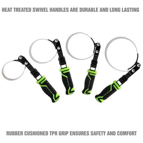 Four Piece Pro Grade Swivel Oil Filter Wrench Set With Adjustable Strap Wrenches For Mechanics And Auto Enthusiasts