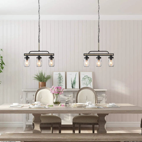 Dining room with Rustic Mason Jar Chandelier For Farmhouse Kitchen Island Lighting With Metal Finish And Glass Pendant Three Clear Mason Jars Hanging