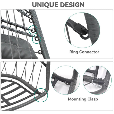 Close-up of Chill Outdoor Hanging Egg Chair With Stand For Patio And Garden showing ring connector and mounting clasp details.