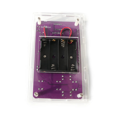 Noob Friendly Soldering Practice Kit for DIY Electronics Projects with purple circuit board, battery holder, and clear shell.