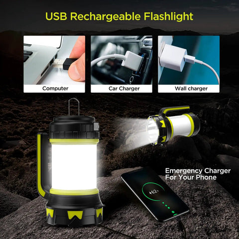 Rechargeable Camping Lantern And Flashlight With 6 Modes, 3000mAh Battery, IPX4 Waterproof in use, charging via USB with phone.