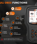Close-up of OBD2 Scanner For 1996 And Later Cars With Upgraded AD310 Module Read And Clear Fault Codes showing functions