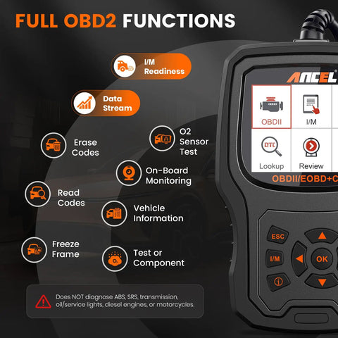 Close-up of OBD2 Scanner For 1996 And Later Cars With Upgraded AD310 Module Read And Clear Fault Codes showing functions