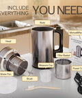 Built-In Filter 304 Stainless Steel Almond Milk Maker With 50oz Capacity, parts displayed on kitchen counter.