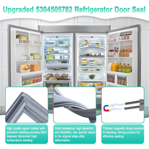 2 Pack Upgraded 5304505782 Freezer Door Gasket Replacement Seal installed on Frigidaire and Electrolux freezers, showing EPDM rubber seal.