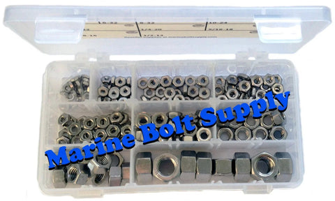 Top view of clear plastic organizer with assorted Type 316 stainless steel hex nuts