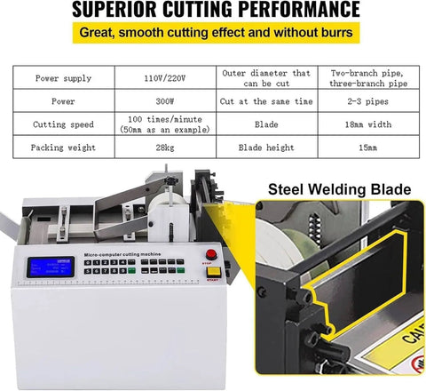 Automatic Heat Shrink Tube Cutting Machine With Digital Display Wire Stripper Cable Pipe Die Cutter And Powerful 300W Motor showing specifications and features.