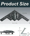 Product size of One To Two Hundred Scale B Two Spirit Stealth Bomber Model Kit With Movable Landing Gear For Collectors And Display Dope Realistic Military Replica With Flying Wing Design And Detailed Air Intakes, showing scale dimensions and model on stand.