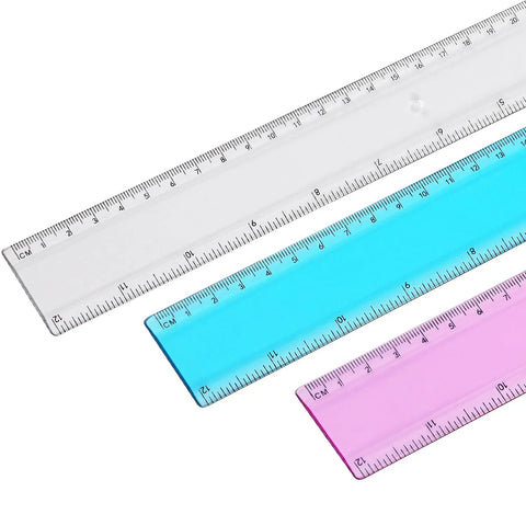 Colorful 12 Inch Plastic Ruler Set Two Sided Imperial And Metric For School Office And DIY Projects in assorted colors top view.