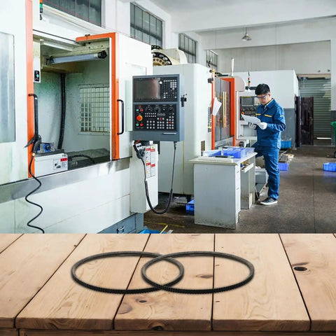 Two Pack 5M375 Lathe Drive Belt For WM210V Mini Lathe With 38mm Bore and polyurethane material on workbench in machine shop