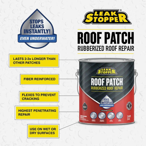 Rubberized Roof Patch 1 Gallon That Patches Leaks Fast With 100 Percent Flexible Instant Sealant For Built Up Roofs SBS Modified Roofs Metal Roofs And More Surfaces Black With A Ten Year Warranty can