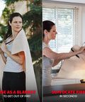 Woman using Go To Emergency Fire Blanket 39 By 39 Inches for fire suppression in kitchen and outdoor setting.