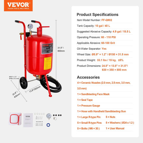 Powerful 10 Gallon Sandblaster Kit With 125 PSI Pressure for Fast Paint Rust Stain Removal and Tough Surface Prep Complete Blasting System