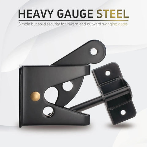 Tough As Nails Automatic Gate Latch For Outswinging Pool And Garden Fences Self Locking Metal Design Rust Resistant Build No Fuss Push Pull Operation Black view of heavy gauge steel latch.