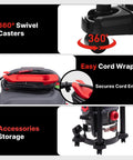 Heavy Duty Five Gallon Wet And Dry Shop Vacuum With Sleek Stainless Tank showcasing 360° swivel casters and easy cord wrap.