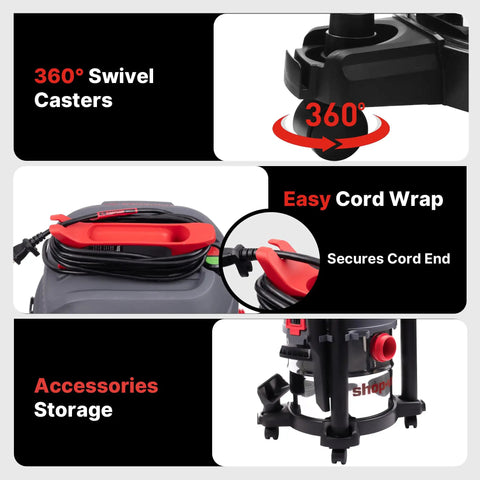 Heavy Duty Five Gallon Wet And Dry Shop Vacuum With Sleek Stainless Tank showcasing 360° swivel casters and easy cord wrap.
