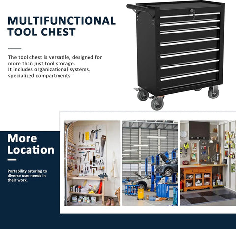 7-Drawer Rolling Tool Chest With Locking System, beefy heavy duty alloy steel cabinet on wheels for garage and shop, black