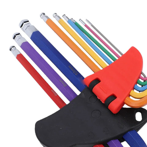Awesome 9-Piece Colored Metric Hex Key Set With Ball End Wrenches Made From Hardened Crv And S2 Steel Perfect For Bike Repair Furniture Building And Electrical Fixes With Non Slip Grip And Super Durable Color Coded Design, 9-piece metric hex keys in holder