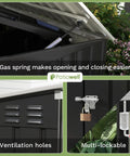 Close-up of 6 X 3 Ft Horizontal Metal Shed features including gas spring, ventilation holes, and double lockable doors.