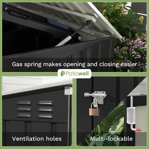 Close-up of 6 X 3 Ft Horizontal Metal Shed features including gas spring, ventilation holes, and double lockable doors.