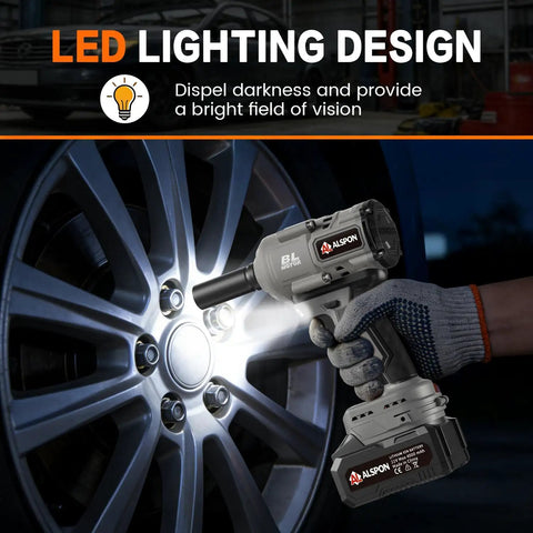Badass Brushless Cordless Impact Wrench With Slick Half Inch Drive And Serious 1700 Newton Meters Torque Designed For Heavy Duty Automotive Repair And Zero Sweat Garage Grinds illuminating a wheel lug during use.