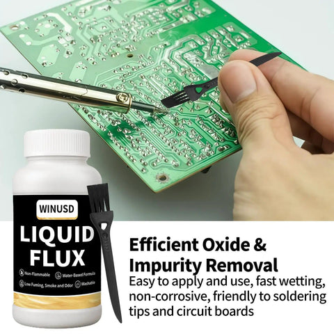 Water Based No Clean Solder Flux For Electronics 200 Ml 8 Oz Brush On Liquid Flux Lead Free For SMD BGA IC PCB Repair shown on PCB