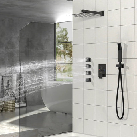 Matte Black Square Shower Body Jets Set 4 Pieces With 16 Nozzles, High-Volume Hydrotherapy Massage, Wall Mount, 2 Inch Square Sprays