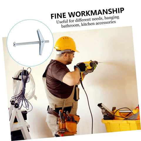 Worker using drill with 30 Piece Carbon Steel Self Drilling Anchors And Expansion Screws Kit Aircraft Toggle Bolts for drywall installation