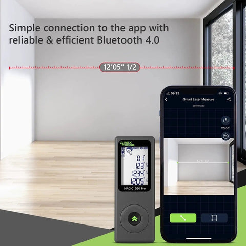 Bluetooth Laser Distance Meter with Real Time Measuring and 165 Foot Range beside smartphone showing app interface.