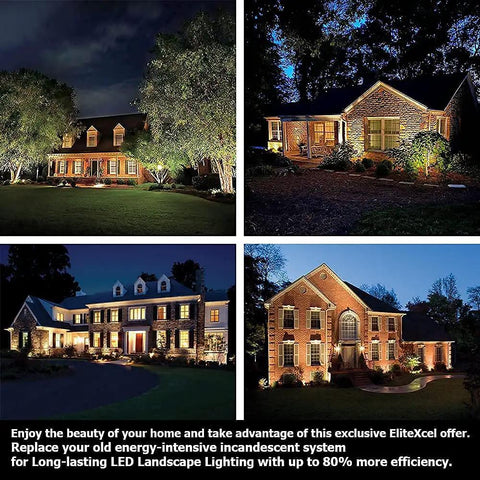 Four houses illuminated by landscape lighting at night showcasing the glow on brick and wood exteriors.