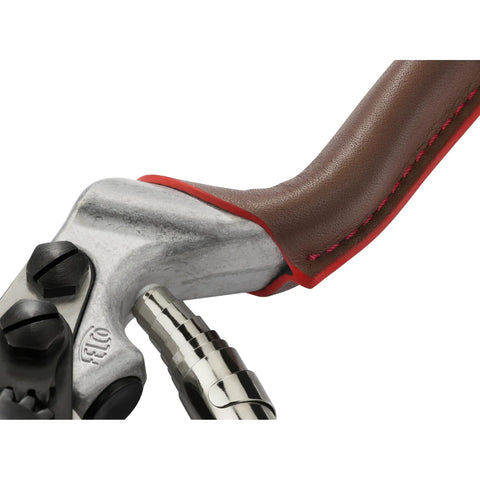Close-up of Elite Pruning Shears 8.3 Inch Swiss Made with leather wrapped handle and carbon steel blade for gardeners and pros.