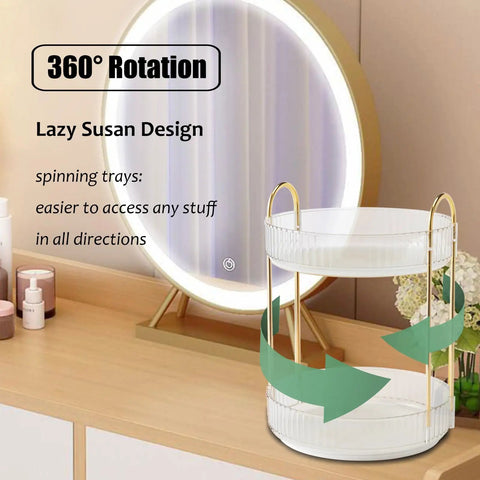 Rotating Makeup Organizer 2 Tier Lazy Susan Trays, Clear, on bathroom counter with mirror and skincare products, 360 degree spin