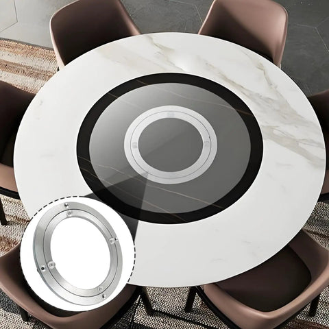 Super Smooth As Butter 12 Inch Aluminum Lazy Susan Bearing with Rock Solid Ball Rotation on a modern dining table.