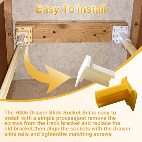 Rock Solid One Inch C Shaped Drawer Slide Socket Set Built Like A Tank for easy RV camper cabinet upgrades, featuring white and yellow sockets.