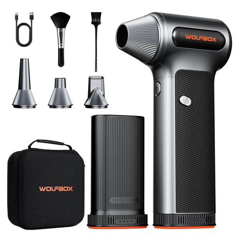 Beast-Mode MF200-2PK High-Pressure Air Duster with 2 swappable batteries, nozzles, brushes, cable, and black hard case.