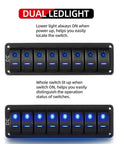 Eight Gang Rocker Switch Panel With Aluminum Waterproof Dash Mount For 12V And 24V Vehicles Boats RVs And Trailers Prewired On Off Toggle Switches Built For Easy LED Pod Lights Taillights And More, illuminated dual LED light display.