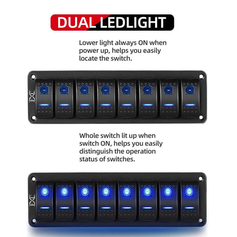 Eight Gang Rocker Switch Panel With Aluminum Waterproof Dash Mount For 12V And 24V Vehicles Boats RVs And Trailers Prewired On Off Toggle Switches Built For Easy LED Pod Lights Taillights And More, illuminated dual LED light display.