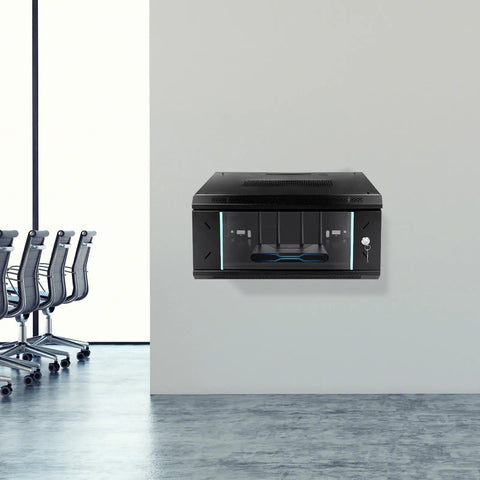 Rock Solid 4U Wall Mount Server Cabinet With Clear Glass Door Network Rack Enclosure installed in a modern office setting.