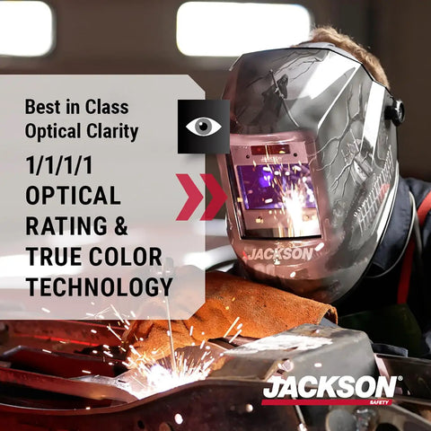 Welder using Pro Grade Graphic Auto Darkening Welding Helmet With Digital ADF, ANSI Z87.1 Certified, ergonomic design.