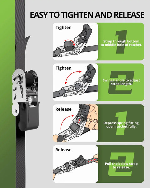 Rock Solid Hookless Ratchet Straps Pack A Slick Endless Loop Design For Zero Scratch Damage And Hardened Closure Mechanisms Making Load Handling Hella Easy In This Reliable Two Pack instructions for adjusting and releasing straps.