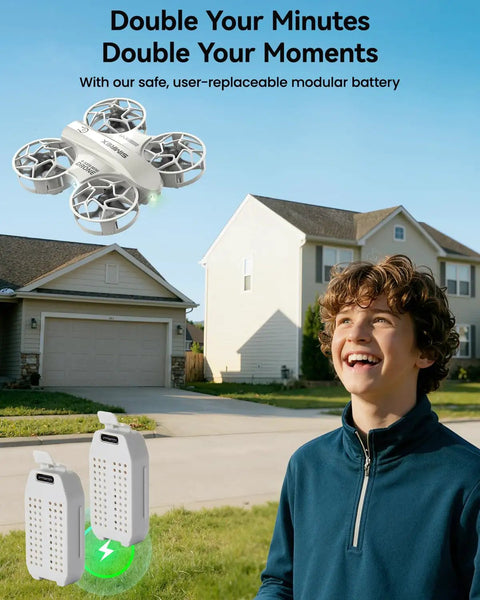Child watching Mini Drone For Kids With 360 Degree Flips, LED Lights, And Easy Flight Features hovering near houses on a sunny day.