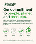 Infographic showing commitment to renewable energy, 60% in 2023, aims for 100% by 2030, with eco-friendly icons and text.