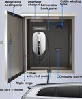 Rugged Outdoor Ev Charger Pedestal Box Floor Mounted With Heavy Duty Stainless Shield And Secure Key Lock To Keep Your Setup Gassed Up And Locked Down All Year Long, showing interior features like drainage channel and metal lock.