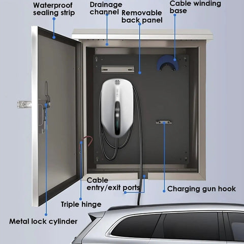 Rugged Outdoor Ev Charger Pedestal Box Floor Mounted With Heavy Duty Stainless Shield And Secure Key Lock To Keep Your Setup Gassed Up And Locked Down All Year Long, showing interior features like drainage channel and metal lock.
