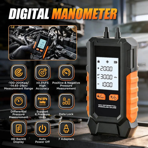 Pro Grade Dual Port Digital HVAC Manometer for Gas Pressure Testing with Fast Response and High Accuracy, range -101 to 200 kPa