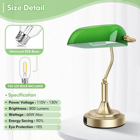 Green Glass Bankers Lamp With 2 USB Ports And Touch Control Brass Base 3 Way Dimmable Vintage Desk Lamp For Home Office