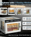 Top Shelf 800W Food Dehydrator Machine Featuring Ten Stainless Steel Trays For Even Airflow And Precise Temperature Settings To Whip Up Homemade Beef Jerky Dried Fruit And Herbs Quickly, showcasing four viewing windows.